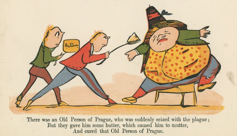 Houve um velho de Praga, que foi subitamente tomado pela peste, de &39;A Book of Nonsense&39;, publicado por Frederick Warne and Co., Londres, c.1875 de Edward Lear