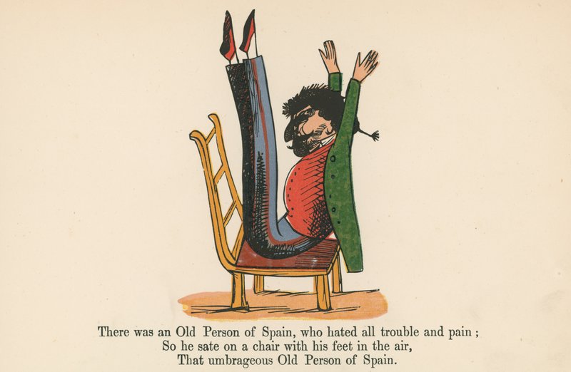 Havia uma pessoa idosa da Espanha, que odiava todos os problemas e dores, de &39;A Book of Nonsense&39;, publicado por Frederick Warne and Co., Londres, c.1875 de Edward Lear