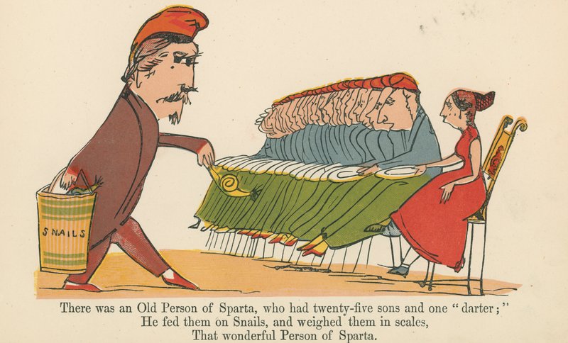 Havia uma pessoa de idade de Esparta, que tinha vinte e cinco filhos e um "darter", de "Um livro de tolices", publicado por Frederick Warne and Co., Londres, c.1875 de Edward Lear
