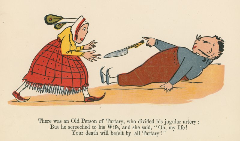 Havia um Velho de Tartária, que dividiu sua artéria jugular, de "Um Livro de Tolices", publicado por Frederick Warne and Co., Londres, c.1875 de Edward Lear