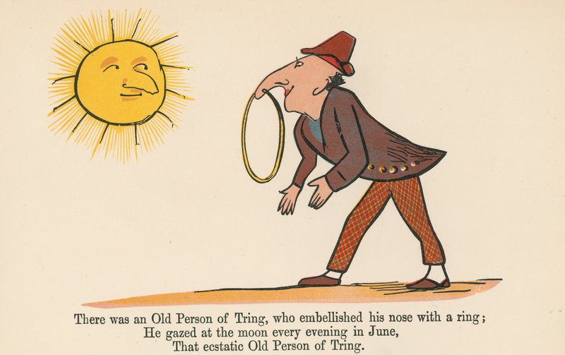 Havia um Velho de Tring, que embelezou o nariz com um anel, de "Um livro de bobagens", publicado por Frederick Warne and Co., Londres, c.1875 de Edward Lear