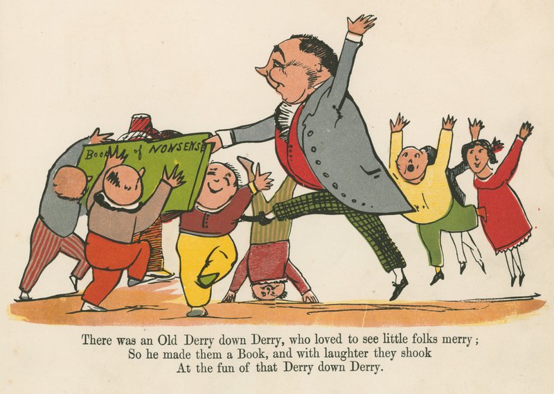 Havia um velho Derry Down Derry, que adorava ver os pequeninos felizes, de "Um livro de bobagens", publicado por Frederick Warne and Co., Londres, c.1875 de Edward Lear