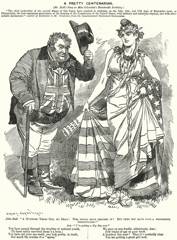 Soco cartoon: Um centenário - o centenário da elaboração da Constituição dos Estados Unidos (gravura) de Edward Linley (after) Sambourne