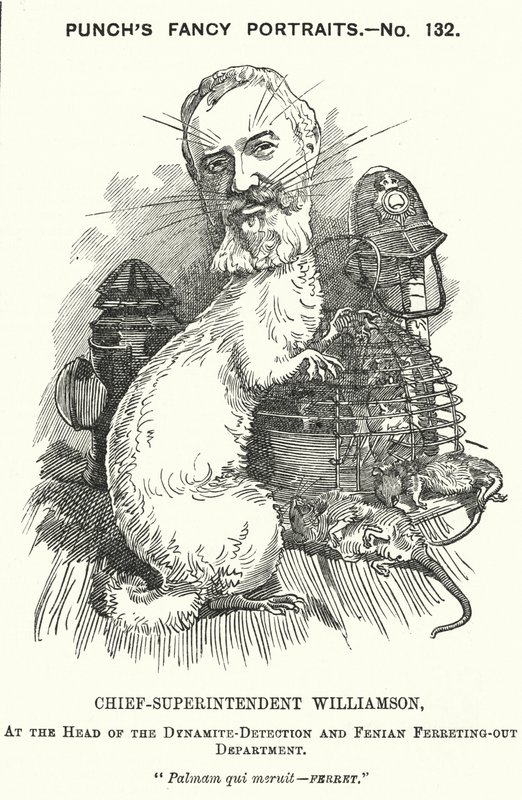 Soco cartoon: Adolphus Williamson, agente da polícia britânica e primeiro chefe do Departamento de Detetives da Polícia Metropolitana (gravura) de Edward Linley (after) Sambourne