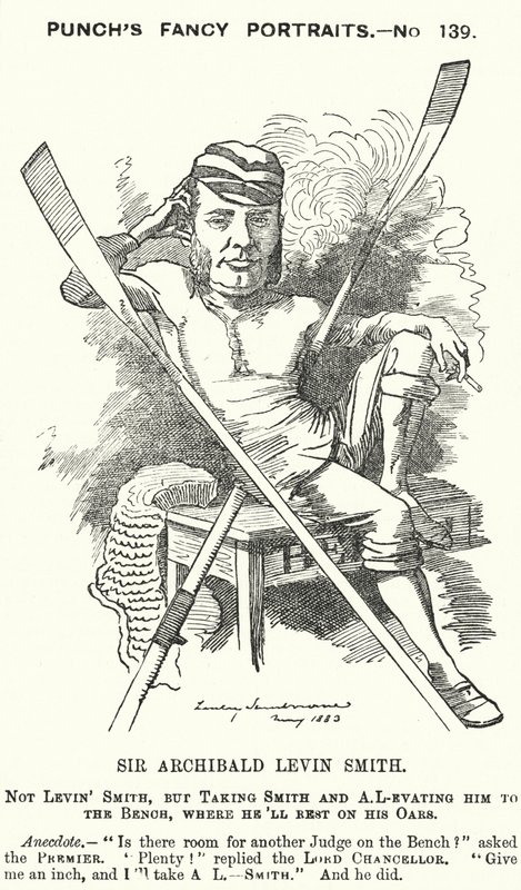 Soco cartoon: Archibald Levin Smith, juiz inglês e remador que competiu na Corrida de Barcos da Universidade e na Regata Real de Henley (gravura) de Edward Linley (after) Sambourne