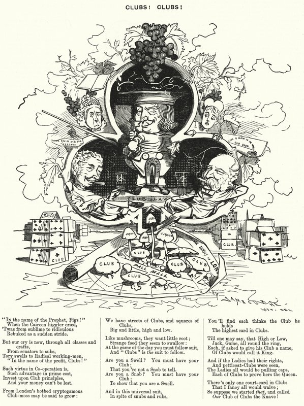 Soco cartoon: Clubes! Clubes! - a profusão de clubes de cavalheiros em Londres (gravura) de Edward Linley (after) Sambourne