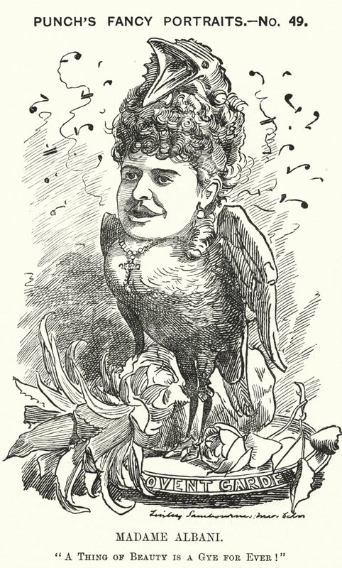 Soco cartoon: Emma Albani, cantora de ópera canadense (gravura) de Edward Linley (after) Sambourne