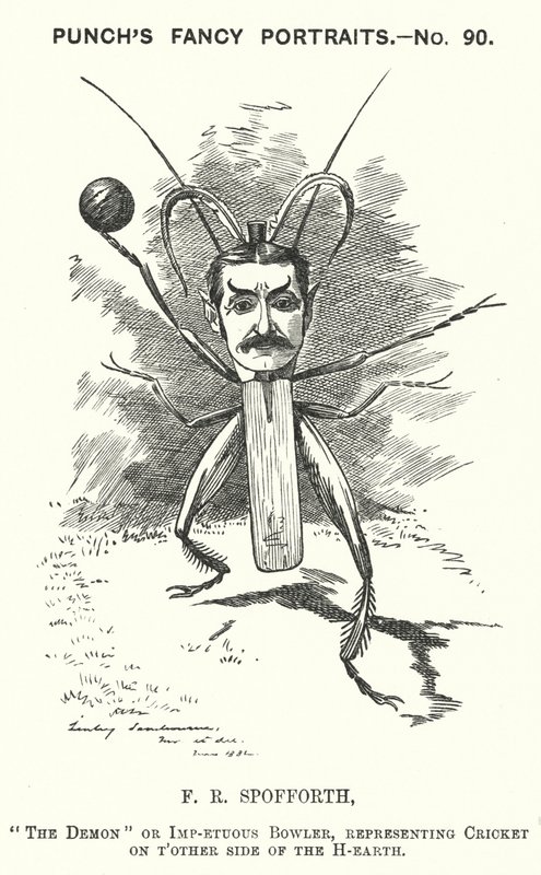 Soco cartoon: Fred Spofforth, jogador de cricket australiano (gravação) de Edward Linley (after) Sambourne