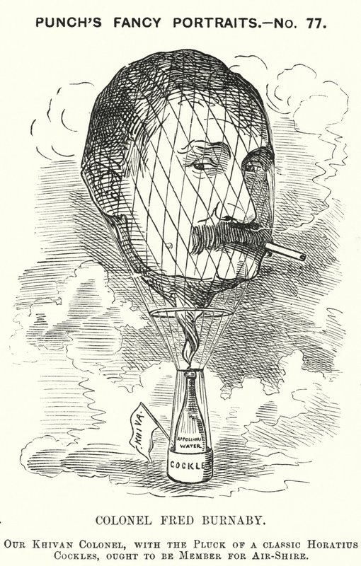 Soco cartoon: Frederick Burnaby, oficial da inteligência do exército britânico e balonista (gravura) de Edward Linley (after) Sambourne
