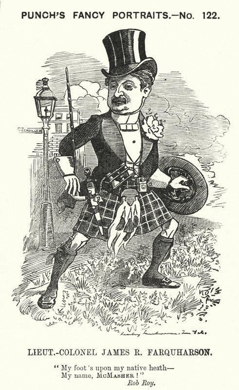 Soco cartoon: James Ross Farquharson, soldado escocês (gravura) de Edward Linley (after) Sambourne