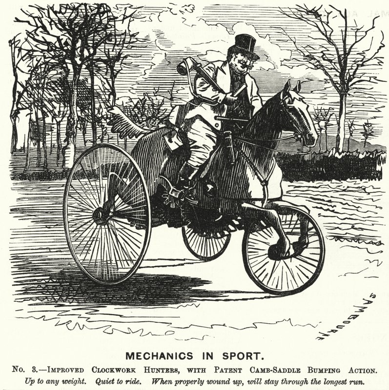 Soco cartoon: Mecânica no desporto. No 3. - Caçadores de Relógios Melhorados, com Patente Camb-Saddle Bumping Action (gravura) de Edward Linley (after) Sambourne