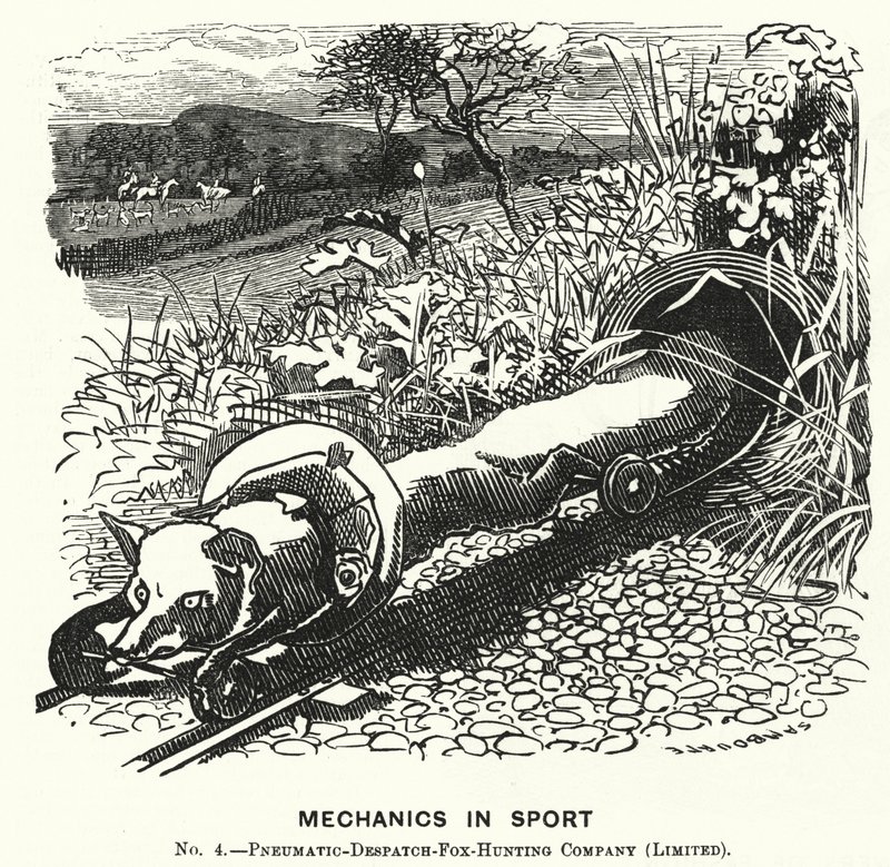 Soco cartoon: Mecânica no desporto. Não 4. - Pneumatic Despatch Fox Hunting Company (Limited) (gravura) de Edward Linley (after) Sambourne