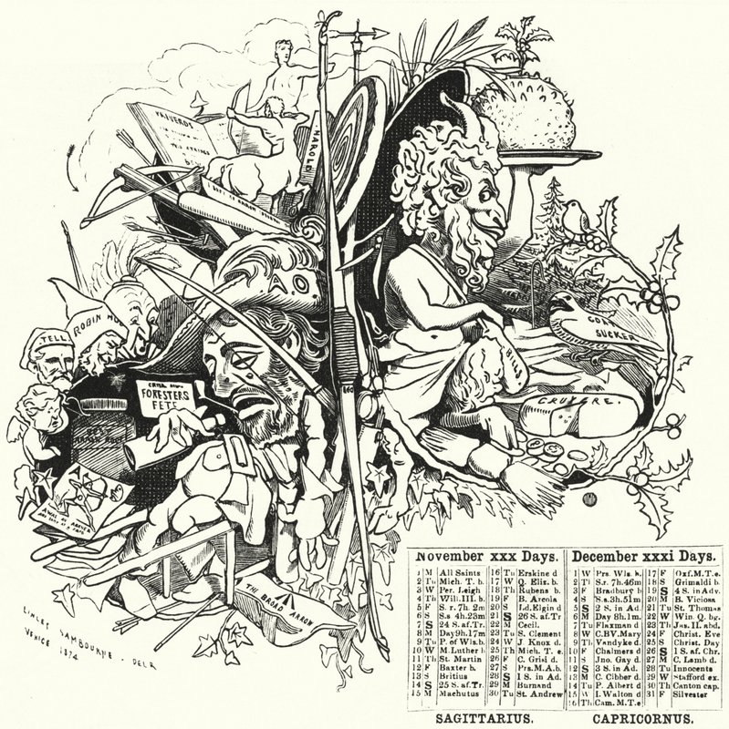Soco cartoon: Novembro e Dezembro (gravura) de Edward Linley (after) Sambourne