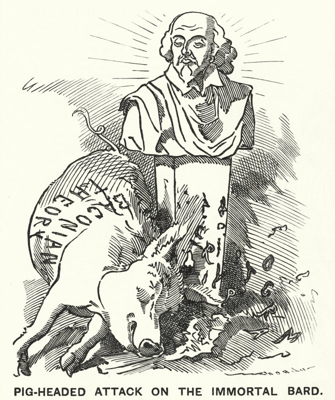 Soco cartoon: Ataque ao Bardo Imortal - a teoria de que as peças de William Shakespeare foram realmente escritas por Sir Francis Bacon (gravura) de Edward Linley (after) Sambourne