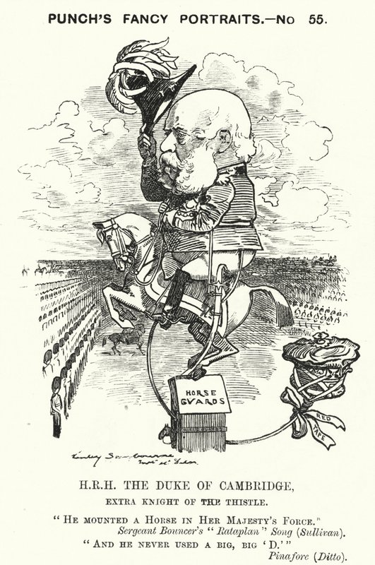 Soco cartoon: Príncipe George, Duque de Cambridge, soldado britânico (gravura) de Edward Linley (after) Sambourne