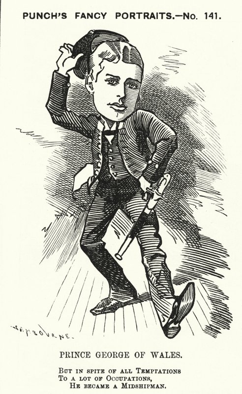 Soco cartoon: Príncipe Jorge de Gales, o futuro Rei Jorge V, como um meio-irmão da Marinha Real (gravura) de Edward Linley (after) Sambourne
