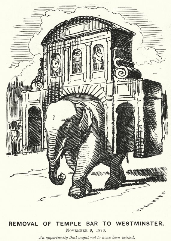Soco cartoon: Remoção do Temple Bar para Westminster (gravura) de Edward Linley (after) Sambourne