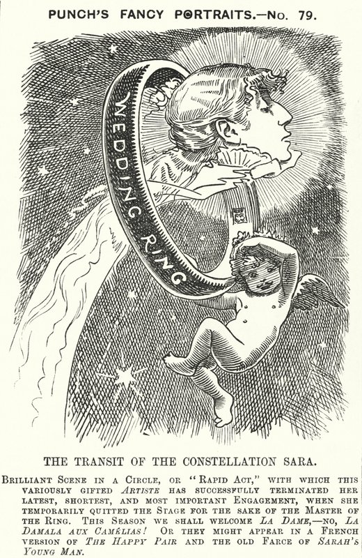 Soco cartoon: Sarah Bernhardt, atriz francesa (gravura) de Edward Linley (after) Sambourne