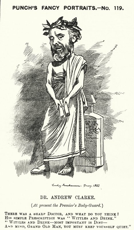 Soco cartoon: Sir Andrew Clarke, médico britânico, médico de William Ewart Gladstone (gravura) de Edward Linley (after) Sambourne