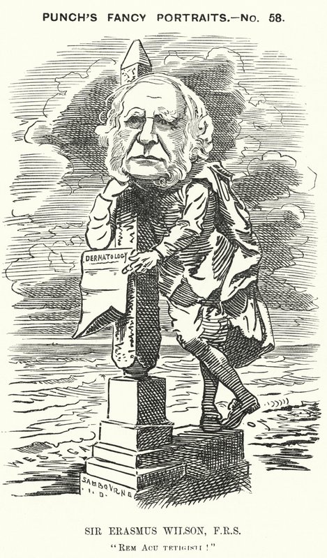 Soco cartoon: Sir Erasmus Wilson, cirurgião e dermatologista inglês (gravura) de Edward Linley (after) Sambourne
