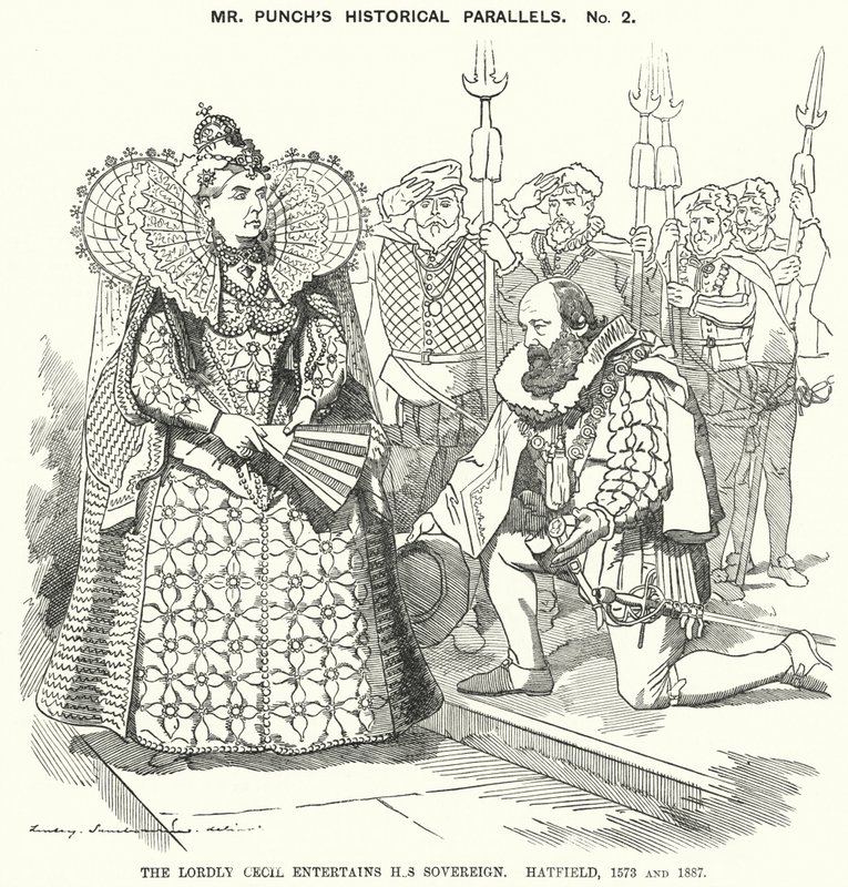 Soco cartoon: O Lordly Cecil Entertains His Sovereign, Hatfield... de Edward Linley (after) Sambourne