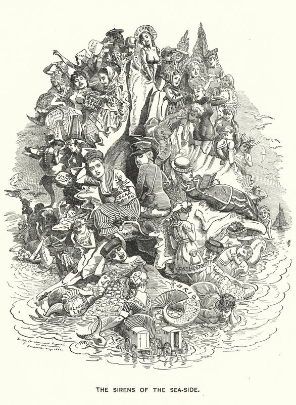Soco cartoon: The Sirens of the Sea-Side - estâncias de férias costeiras britânicas (gravura) de Edward Linley (after) Sambourne