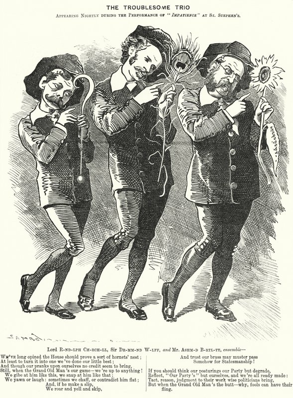 Soco cartoon: O Trio dos Problemas: Lord Randolph Churchill, Henry Drummond Wolff e Ellis Ashmead-Bartlett, políticos conservadores britânicos (gravura) de Edward Linley (after) Sambourne