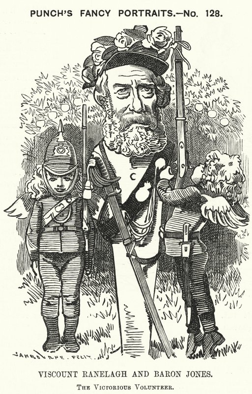 Soco cartoon: Thomas Heron Jones, 7° Visconde Ranelagh e Barão Jones de Navan, promotor do movimento de voluntários do Exército Britânico (gravura) de Edward Linley (after) Sambourne