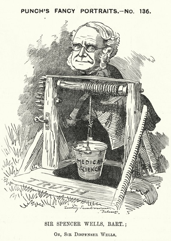 Soco cartoon: Thomas Spencer Wells, médico inglês, cirurgião da Rainha Vitória (gravura) de Edward Linley (after) Sambourne