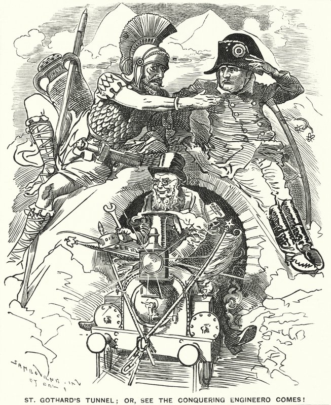 Punch cartoon: conclusão do túnel ferroviário de São Gotardo sob os Alpes (gravura) de Edward Linley (after) Sambourne