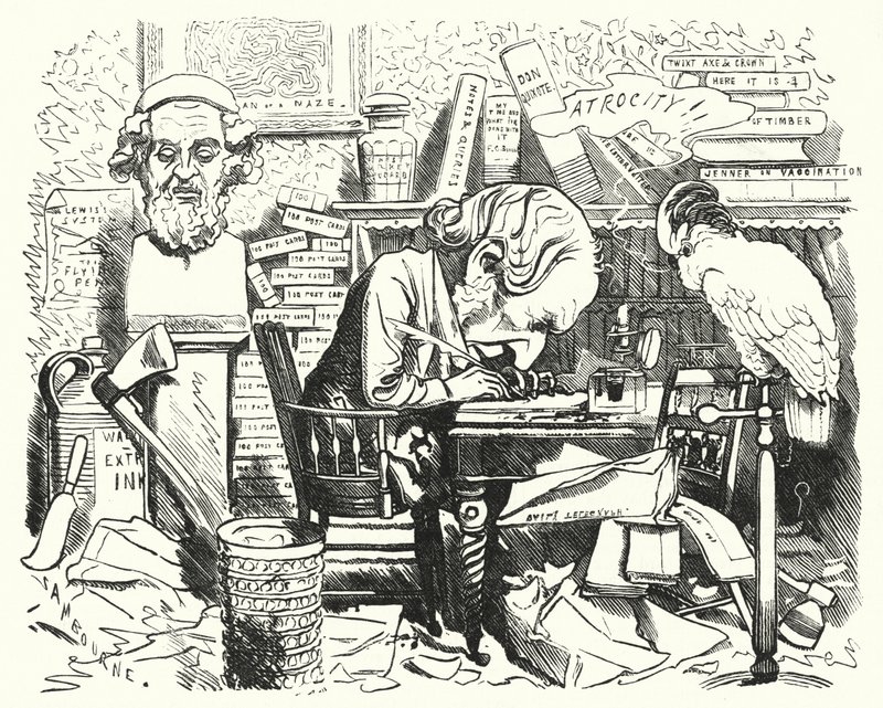 Punch cartoon: escritor a trabalhar no seu estudo (gravura) de Edward Linley (after) Sambourne