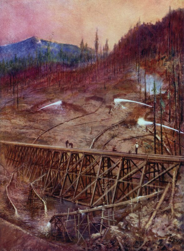 Preenchimento de um cavalete em uma ferrovia por canalização hidráulica (lito a cores) de Edward Parick Kinsella