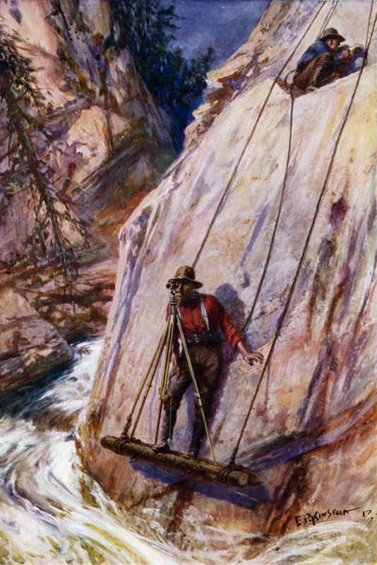 Topógrafos ferroviários que realizam trabalhos precários no traçado de um caminho-de-ferro de montanha (cor litho) de Edward Parick Kinsella