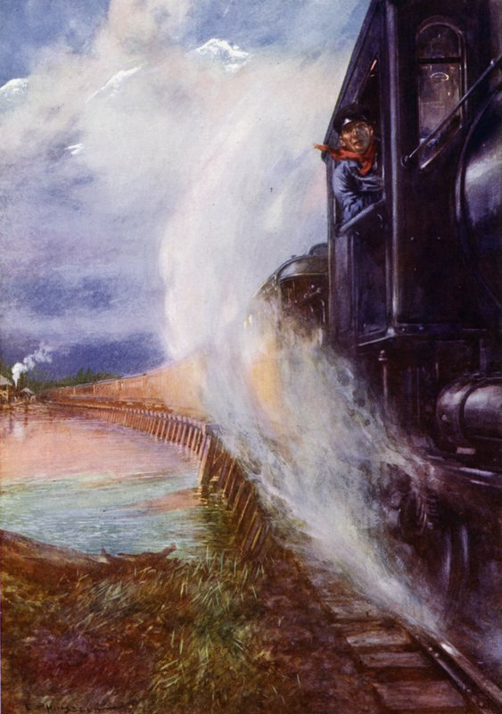 Comboio que passa junto ao rio Skeena no Grand Trunk Pacific Railway, Canadá (cor litho) de Edward Parick Kinsella