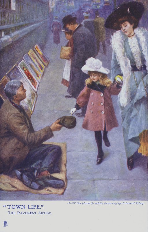 Uma jovem e sua mãe dão dinheiro para um artista de pavimento de Edward R. King