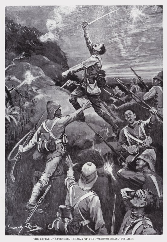 A Batalha de Stormberg, carga dos Fusiliers de Northumberland (litho) de Edward Read