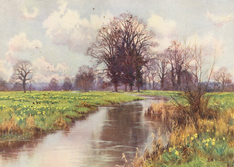 Este riozinho alegre é livre de encargos, e nem açude nem moinho lhe barram o caminho rápido para o mar (litografia a cores) de Edward Wilkins Waite