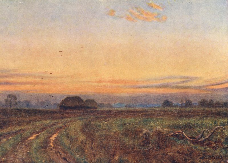 O sol está a pôr-se... A Terra, como uma criança cansada, vira o rosto para o seio da noite (litografia a cores) de Edward Wilkins Waite