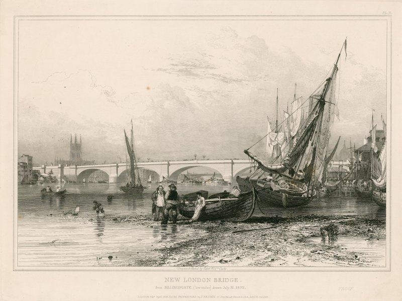 New London Bridge, de Billingsgate (maré baixa) desenhada a 31 de julho de 1832 de Edward William Cooke
