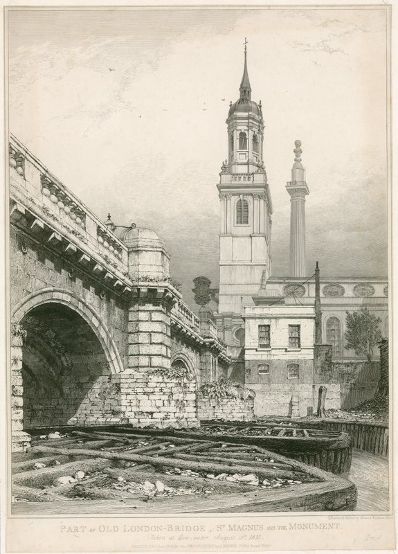 Parte da antiga ponte de Londres, St Magnus e o monumento de Edward William Cooke