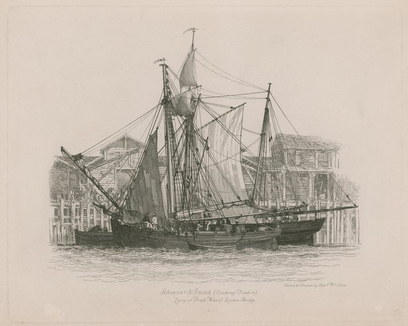 Schooner und Smack deitado no cais Fresh de Edward William Cooke
