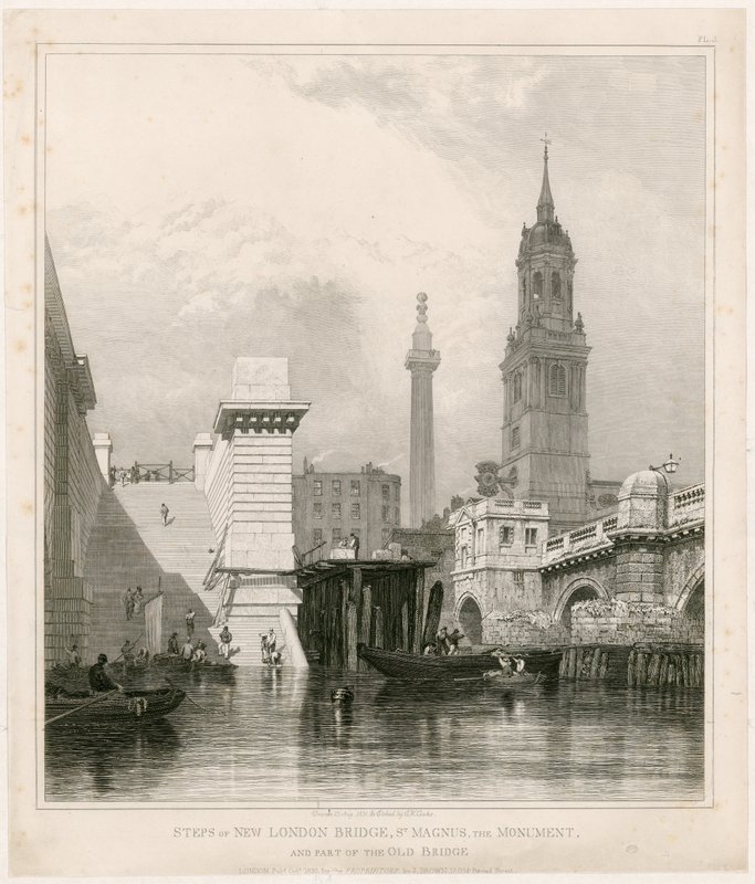 Passos da nova ponte de Londres, St Magnus, o monumento e parte da ponte velha de Edward William Cooke