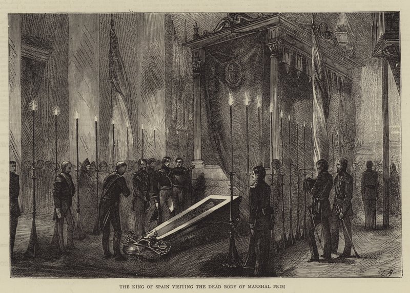 O rei da Espanha visitando o corpo morto do marechal Prim de Edwin Buckman