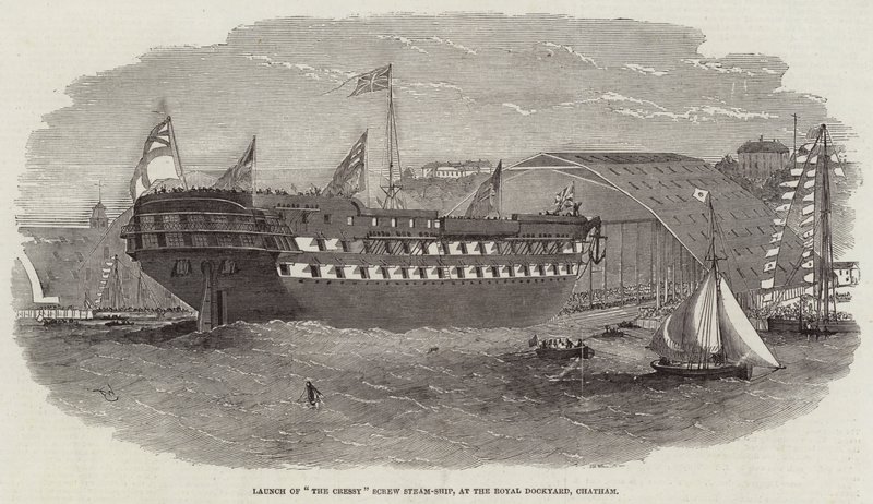 Lançamento do The Cressy Screw Steam-Ship, no Royal Dockyard, Chatham de Edwin Weedon