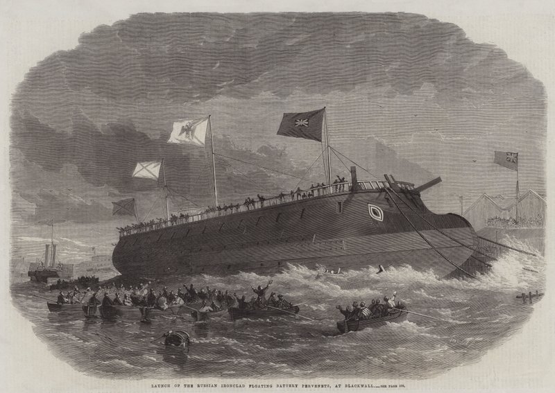 Lançamento da bateria flutuante Ironclad Pervenetz, na Blackwall de Edwin Weedon