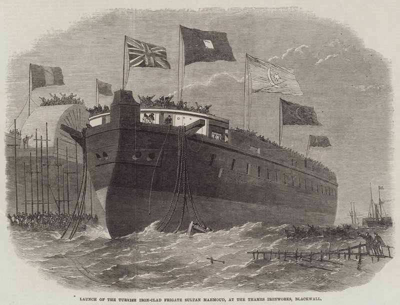 Lançamento da fragata turca de ferro Sultan Mahmoud, no Thames Ironworks, Blackwall de Edwin Weedon