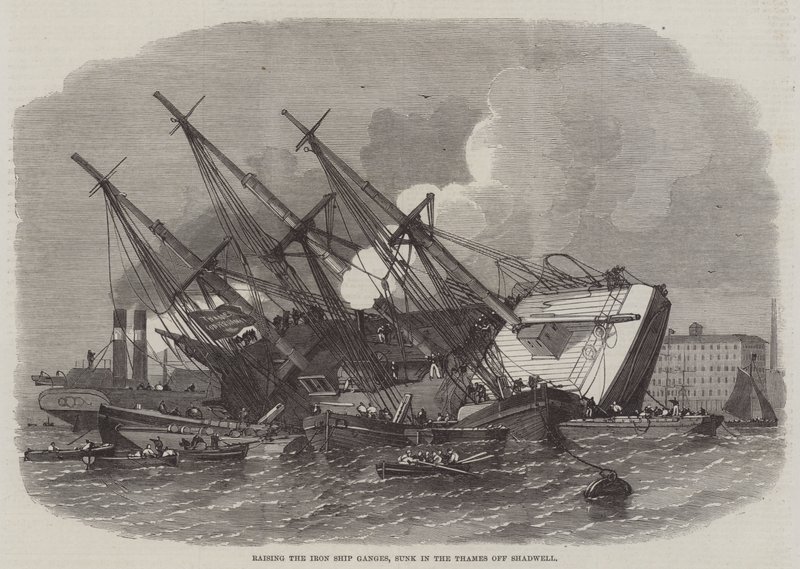 Levantando o Navio de Ferro Ganges, afundado no Tâmisa ao largo de Shadwell de Edwin Weedon