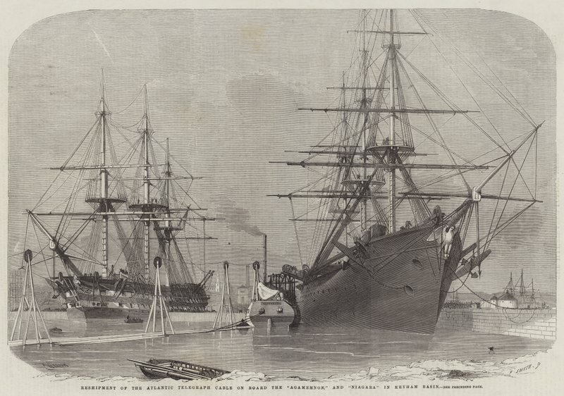 Reenvio do Cabo Telegráfico do Atlântico a Bordo do Agamenon e Niagara na Bacia de Keyham de Edwin Weedon