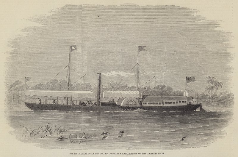 Lançamento a vapor construído para a exploração do rio Zambesi pelo Dr. Livingstone de Edwin Weedon