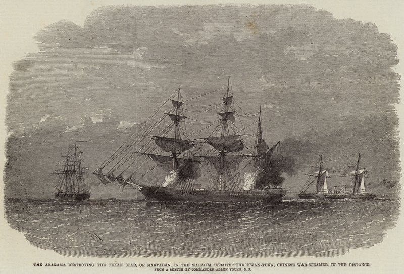 O Alabama destruindo a Estrela Texana, ou Martaban, no Estreito de Malaca, o Kwan-Tung, o Navio de Guerra Chinês, à distância de Edwin Weedon
